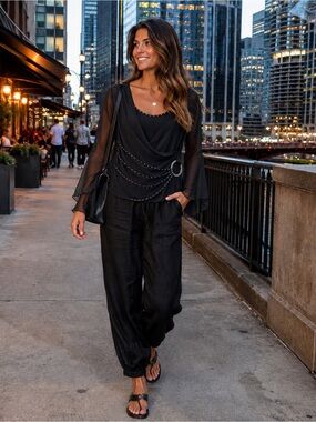 Gilani Black Draped Mesh-Sleeve Top with Ring Accent